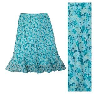 Y2K Dressbarn Blue Floral Midi Slip Skirt L Ruffle Hem Fairy Garden Cottagecore